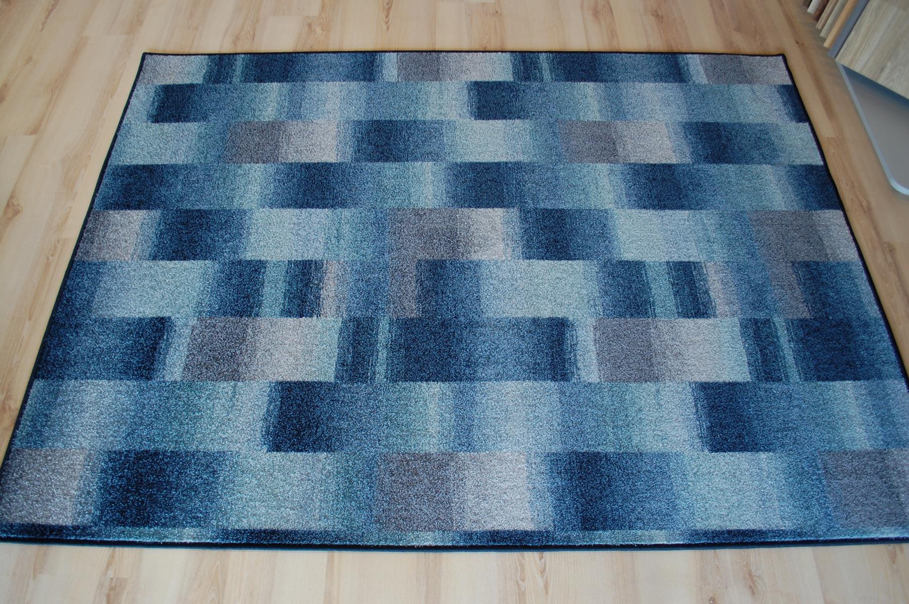 Karo Patchwork Teppich Grau Blau Velours Umkettelt 160x200 Cm